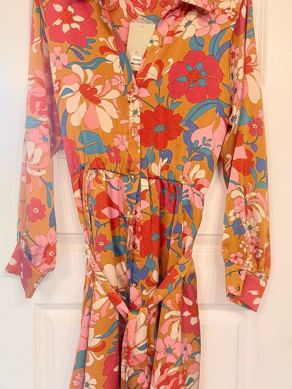 eesome Mustard Floral Midi Dress with Pink & Blue Accents